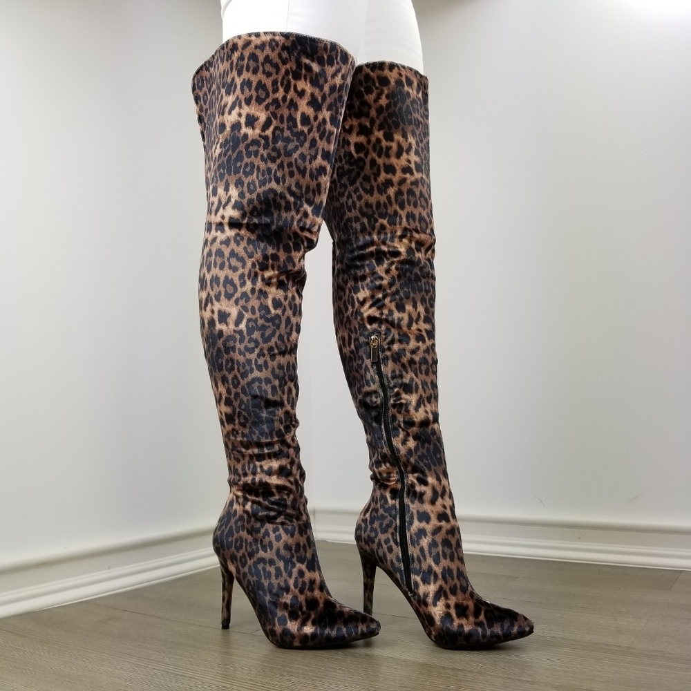 Leopard Print Thigh High Heel Boots - Picture 4 of 8